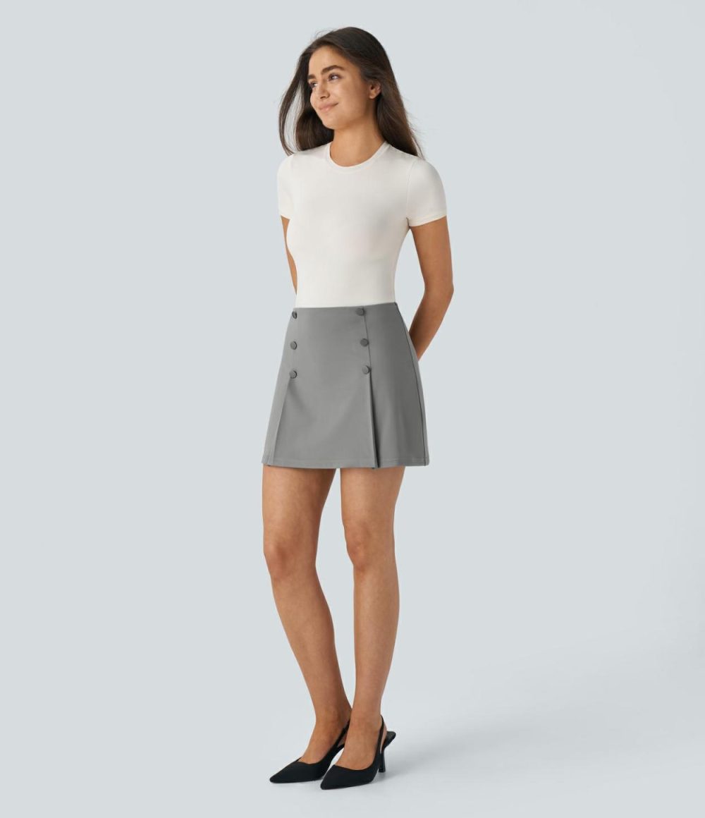 High Waisted Decorative Button 2-in-1 A Line Mini Work Skirt  | Womens  Mini Skirts Clothing Mini Skirts