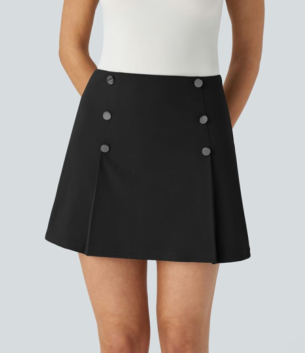 High Waisted Decorative Button 2-in-1 A Line Mini Work Skirt  | Womens  Mini Skirts Clothing Mini Skirts