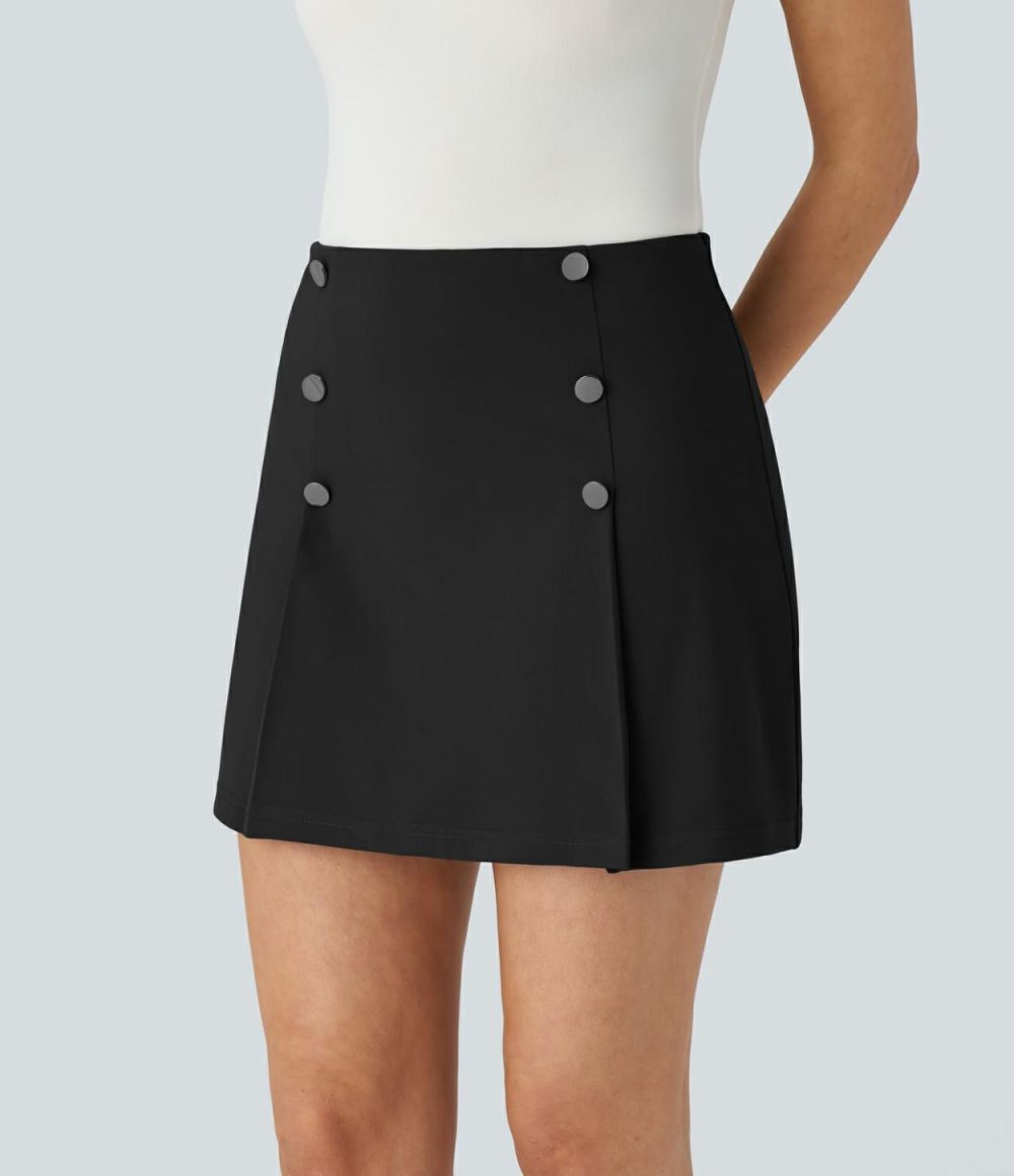 High Waisted Decorative Button 2-in-1 A Line Mini Work Skirt  | Womens  Mini Skirts Clothing Mini Skirts