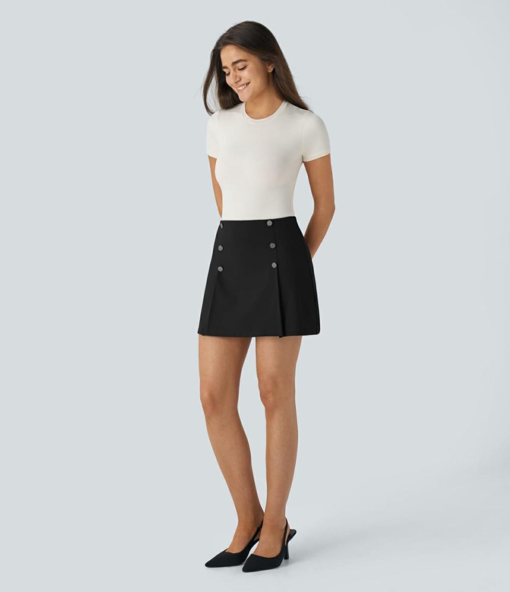 High Waisted Decorative Button 2-in-1 A Line Mini Work Skirt  | Womens  Mini Skirts Clothing Mini Skirts