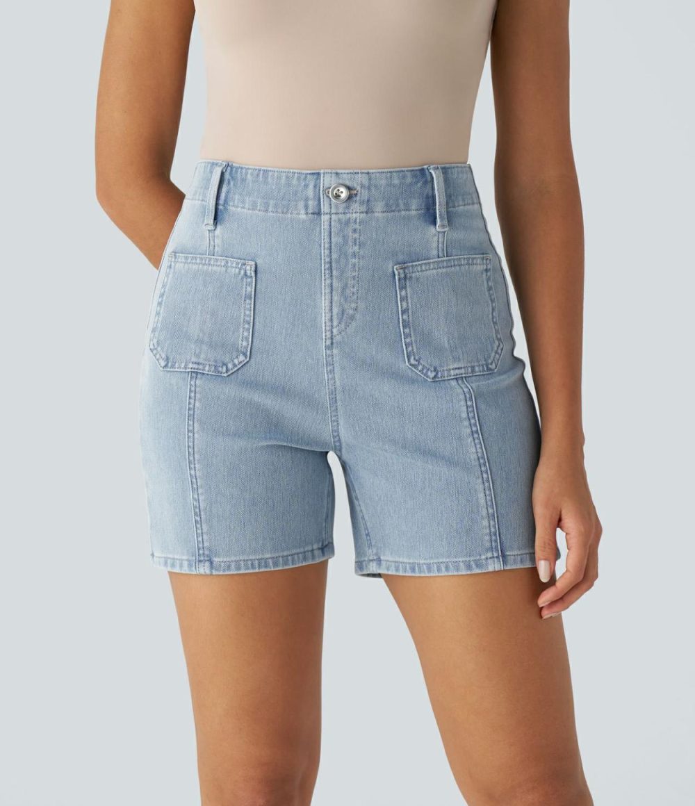 High Waisted Decorative Button Front Pockets Washed Stretchy Knit Denim Casual Shorts  | Womens  Denim Shorts Clothing Blue Ice Denim/Profound Blue Denim