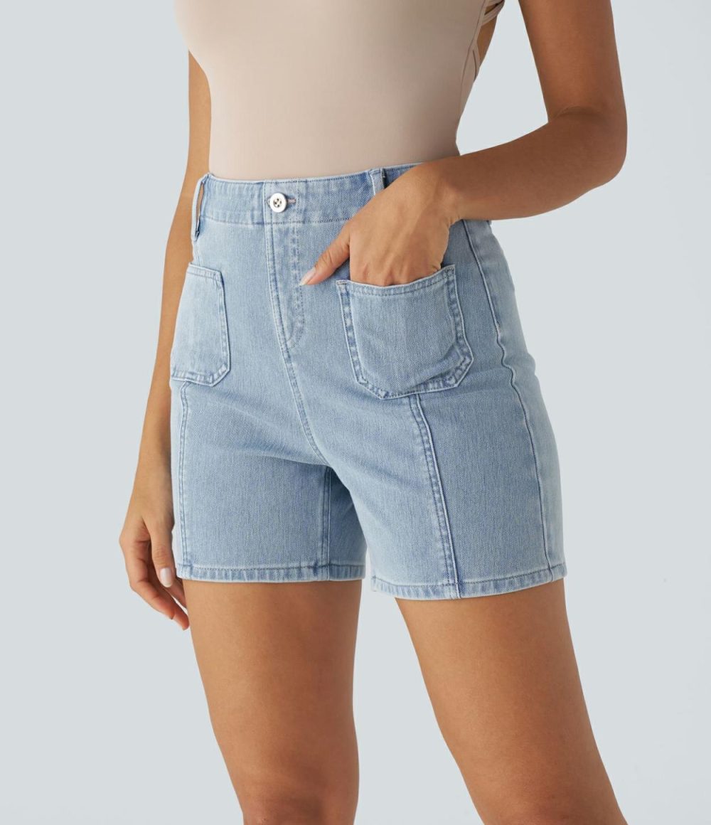 High Waisted Decorative Button Front Pockets Washed Stretchy Knit Denim Casual Shorts  | Womens  Denim Shorts Clothing Blue Ice Denim/Profound Blue Denim