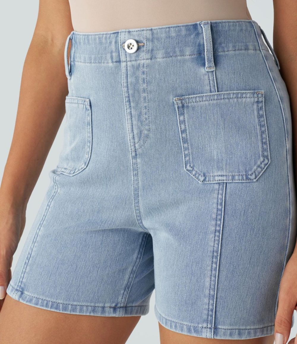 High Waisted Decorative Button Front Pockets Washed Stretchy Knit Denim Casual Shorts  | Womens  Denim Shorts Clothing Blue Ice Denim/Profound Blue Denim