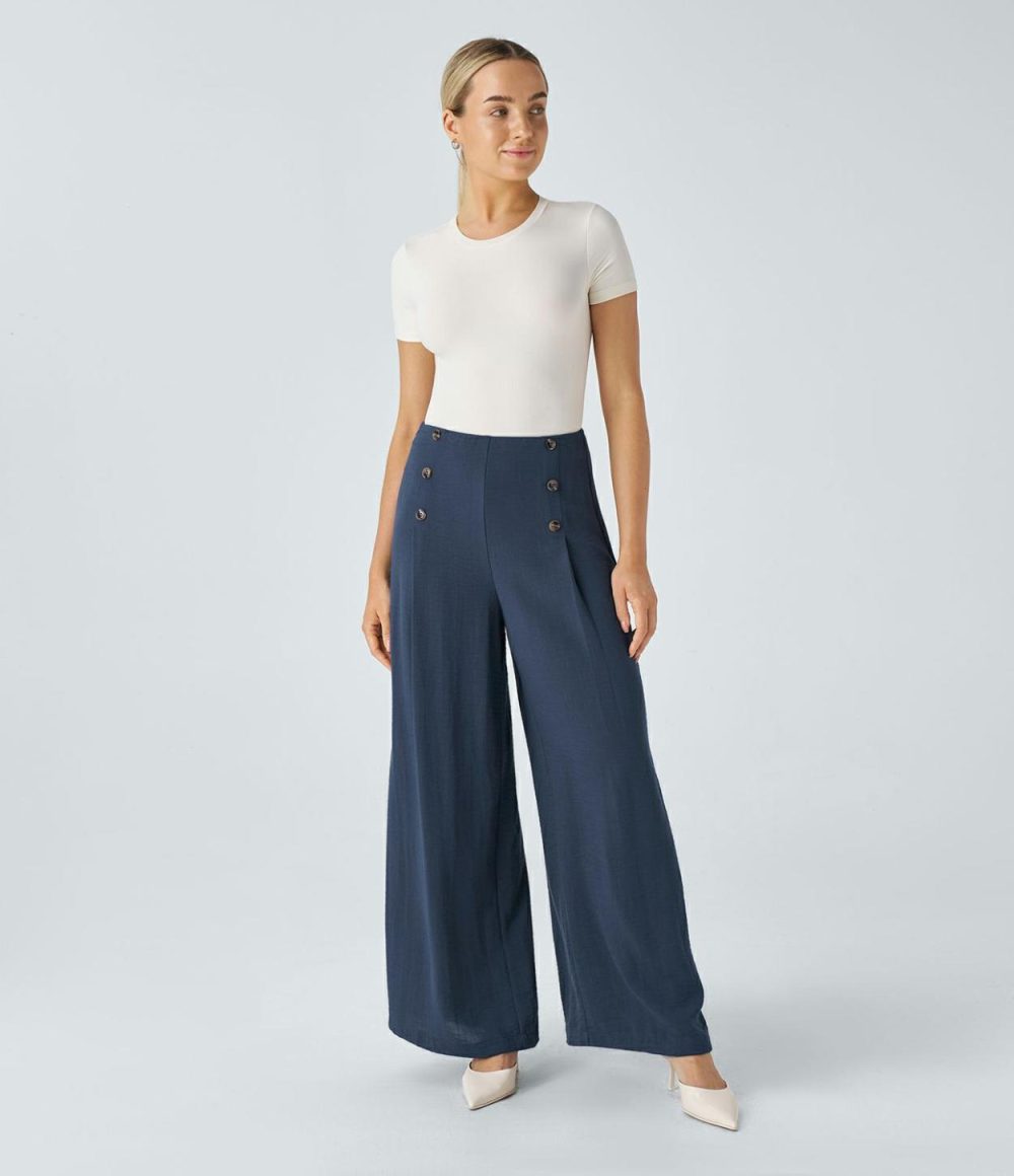 High Waisted Decorative Button Invisible Zipper Wide Leg Palazzo Work Linen-Feel Pants  | Womens  Active Work Pants Active Work Pants Active Work Pants