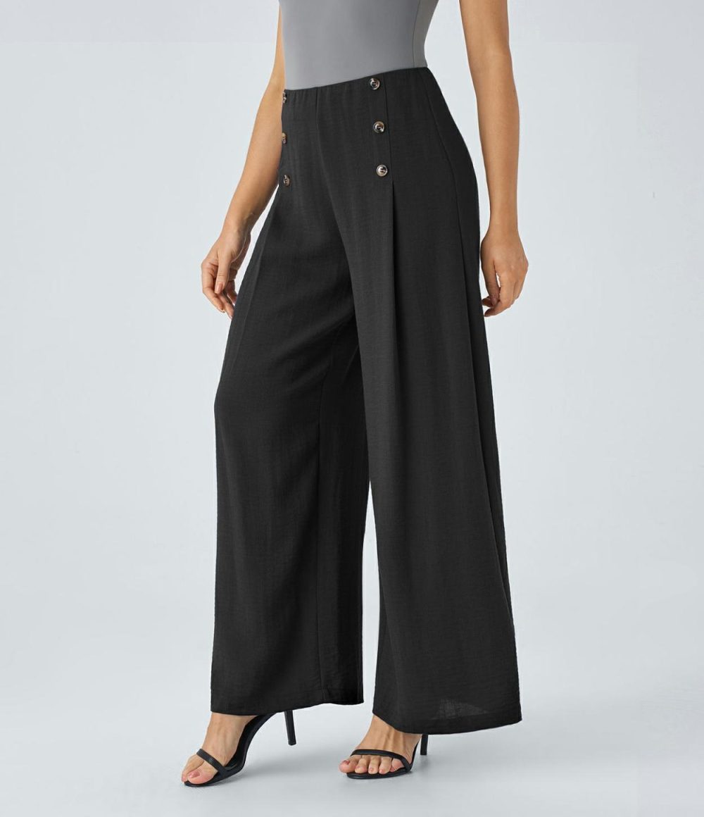 High Waisted Decorative Button Invisible Zipper Wide Leg Palazzo Work Linen-Feel Pants  | Womens  Active Work Pants Active Work Pants Active Work Pants