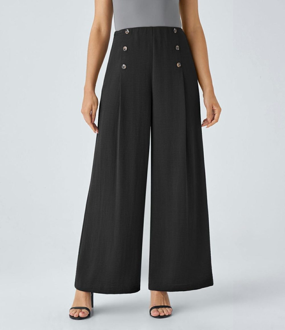 High Waisted Decorative Button Invisible Zipper Wide Leg Palazzo Work Linen-Feel Pants  | Womens  Active Work Pants Active Work Pants Active Work Pants