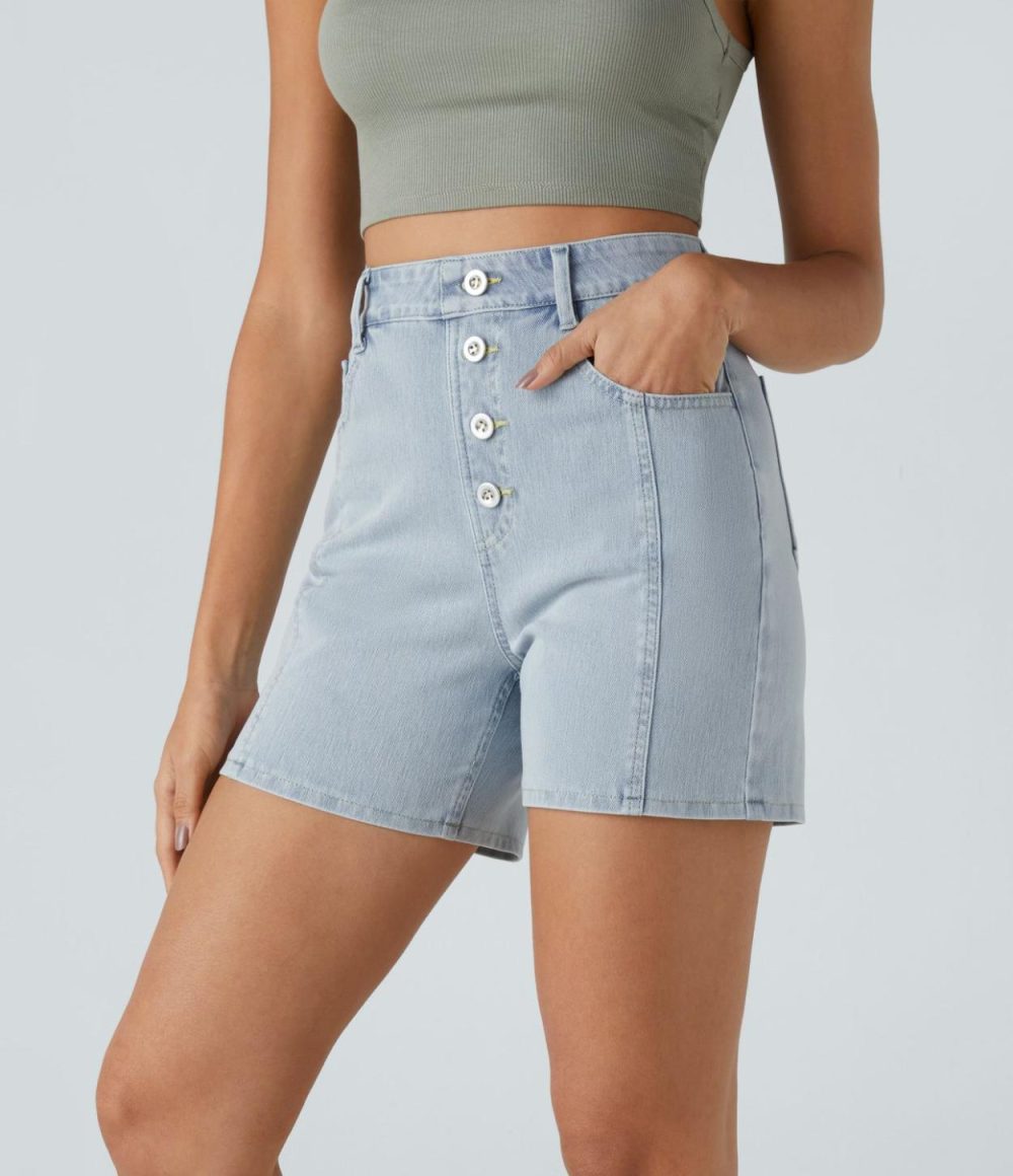 High Waisted Decorative Button Multiple Pockets Stretchy Knit Denim Casual Shorts  | Womens  Denim Shorts Clothing Denim Shorts