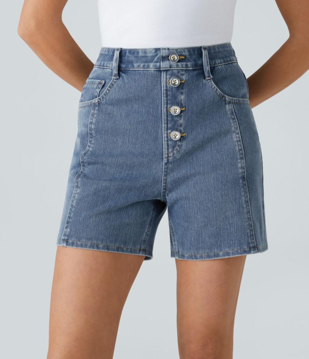 High Waisted Decorative Button Multiple Pockets Stretchy Knit Denim Casual Shorts  | Womens  Denim Shorts Clothing Denim Shorts