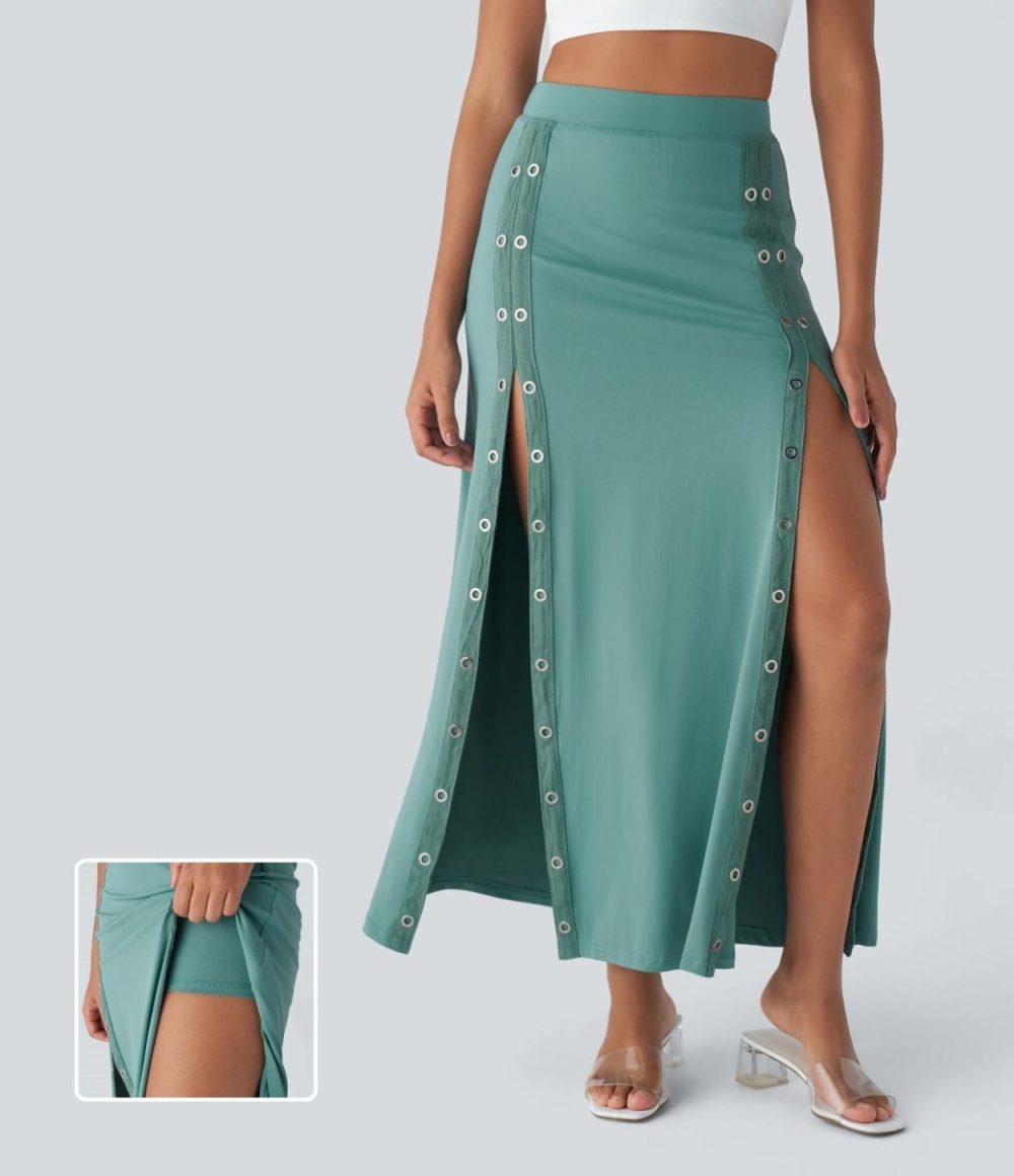 High Waisted Decorative Button Split 2-in-1 Maxi Casual Skirt  | Womens  2-in-1 Skorts 2-in-1 Skorts 2-in-1 Skorts