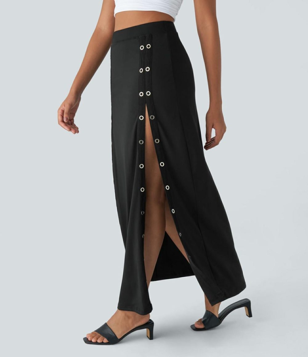 High Waisted Decorative Button Split 2-in-1 Maxi Casual Skirt  | Womens  2-in-1 Skorts 2-in-1 Skorts 2-in-1 Skorts