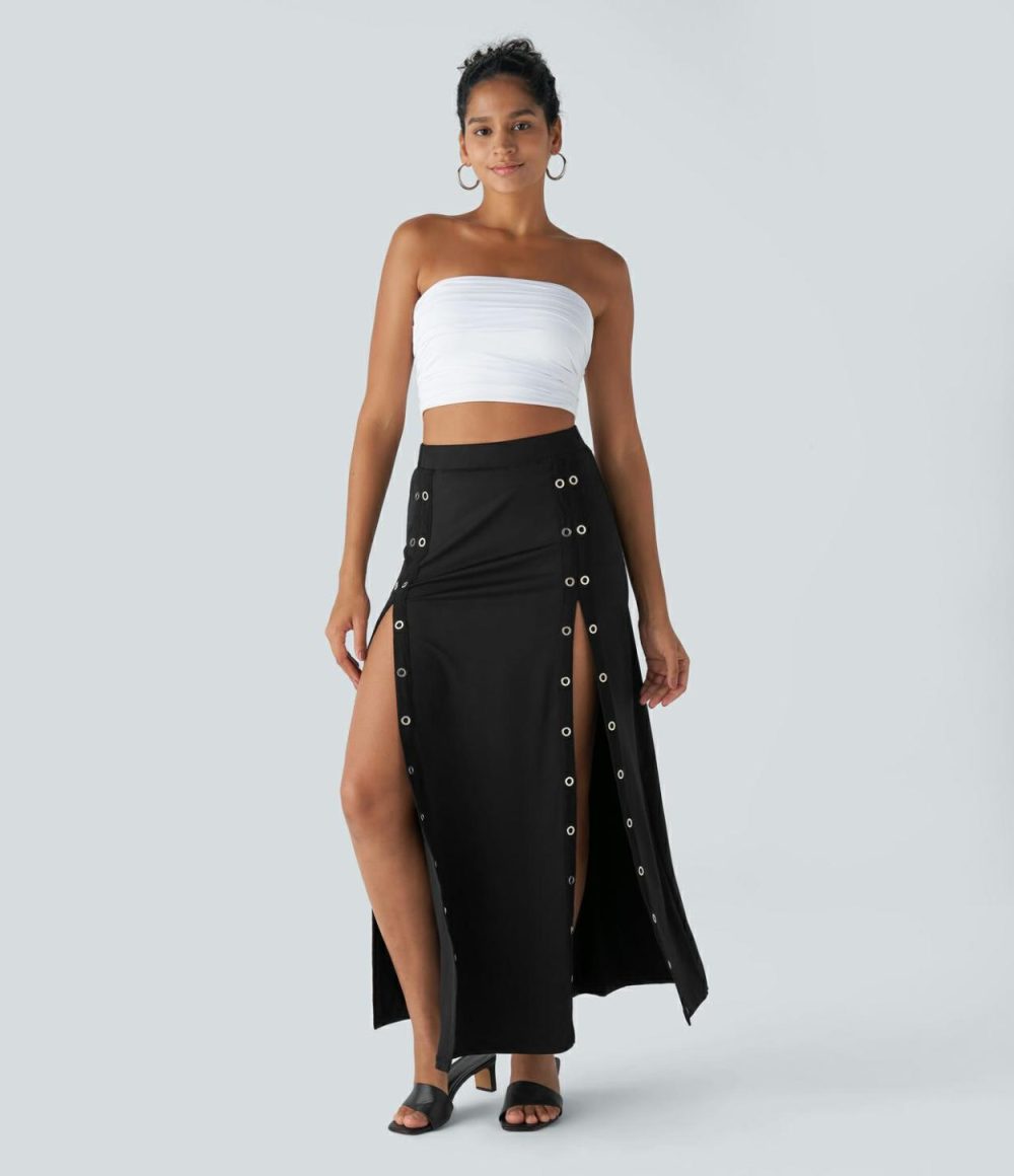 High Waisted Decorative Button Split 2-in-1 Maxi Casual Skirt  | Womens  2-in-1 Skorts 2-in-1 Skorts 2-in-1 Skorts