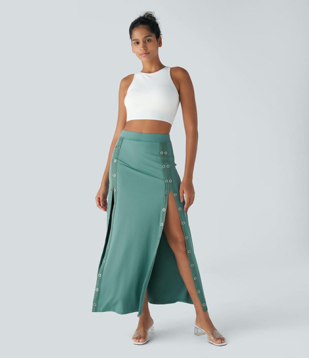 High Waisted Decorative Button Split 2-in-1 Maxi Casual Skirt  | Womens  2-in-1 Skorts 2-in-1 Skorts 2-in-1 Skorts