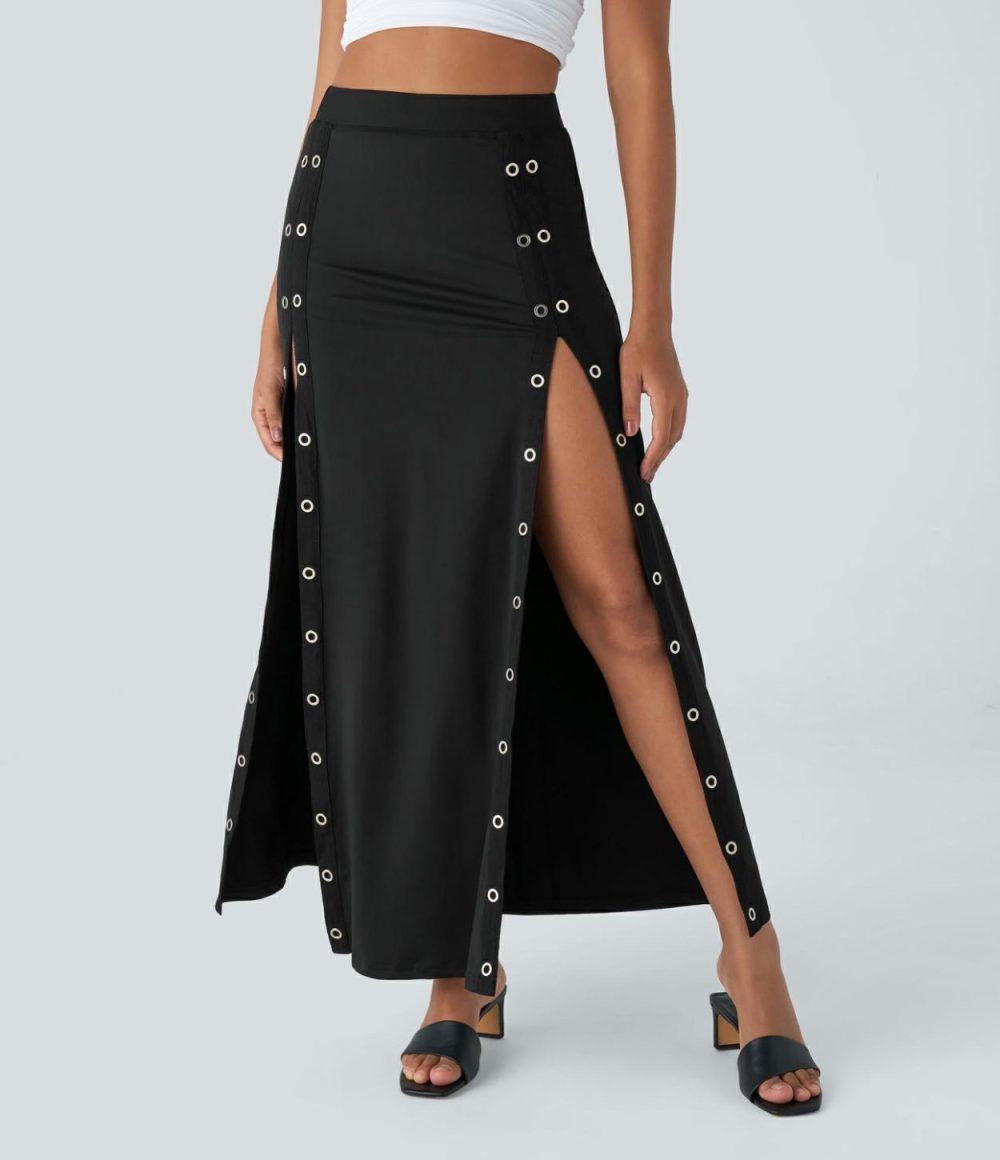 High Waisted Decorative Button Split 2-in-1 Maxi Casual Skirt  | Womens  2-in-1 Skorts 2-in-1 Skorts 2-in-1 Skorts