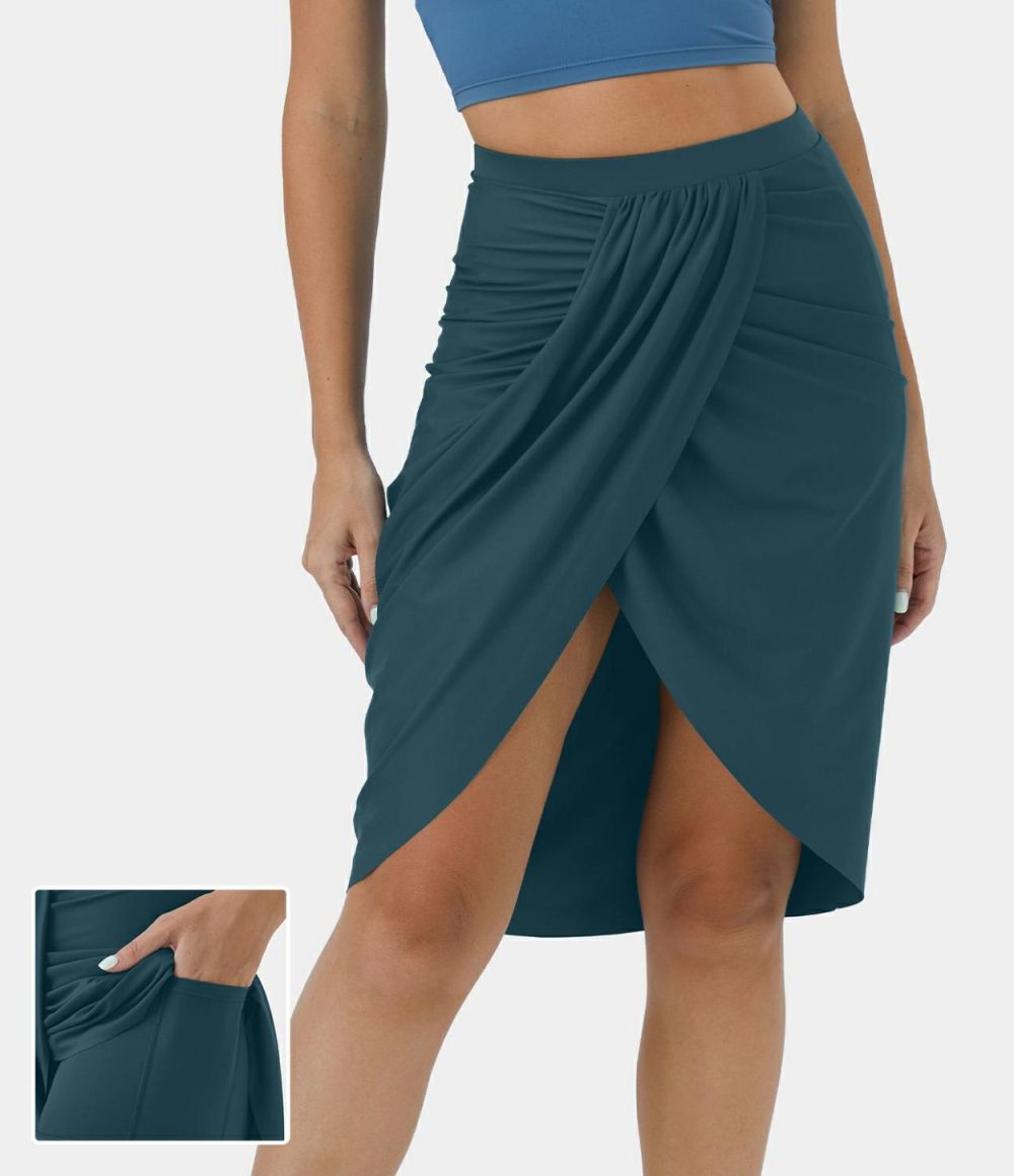 High Waisted Draped Asymmetric 2-in-1 Pocket Casual Skirt  | Womens  2-in-1 Skorts 2-in-1 Skorts 2-in-1 Skorts