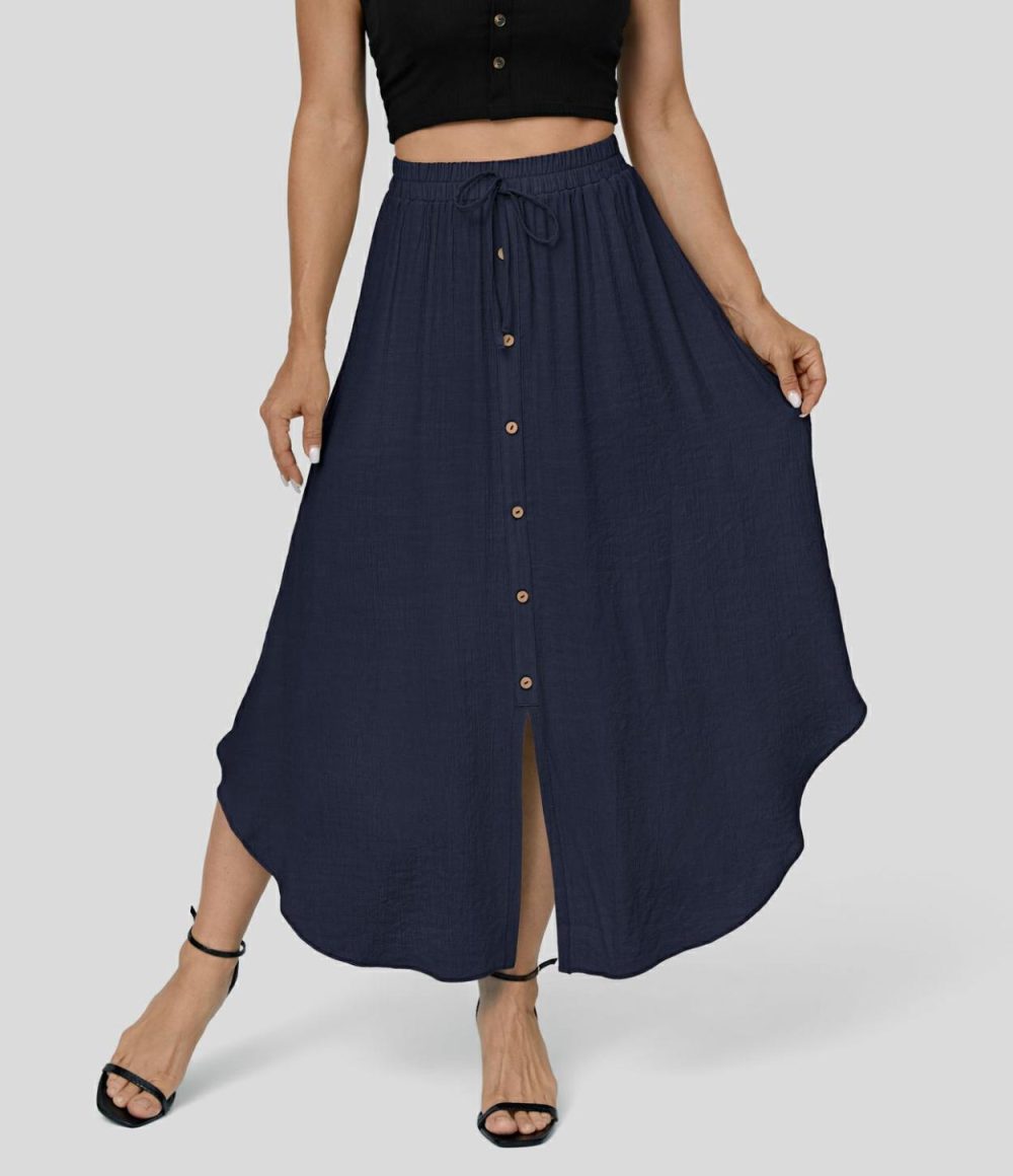 High Waisted Drawstring Button Side Pocket Flowy Midi Casual Skirt  | Womens  Everyday Skirts Clothing Everyday Skirts