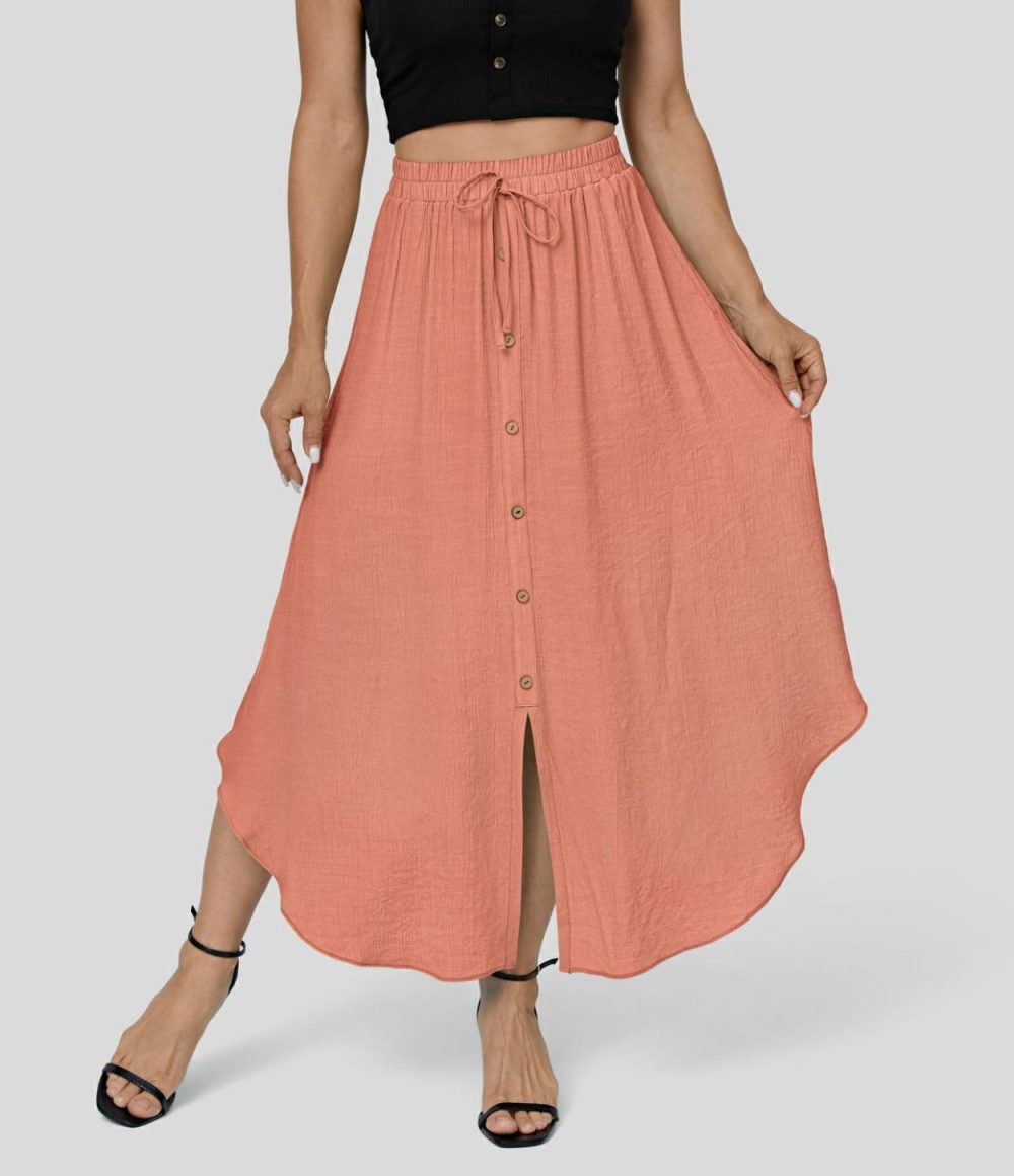 High Waisted Drawstring Button Side Pocket Flowy Midi Casual Skirt  | Womens  Everyday Skirts Clothing Everyday Skirts