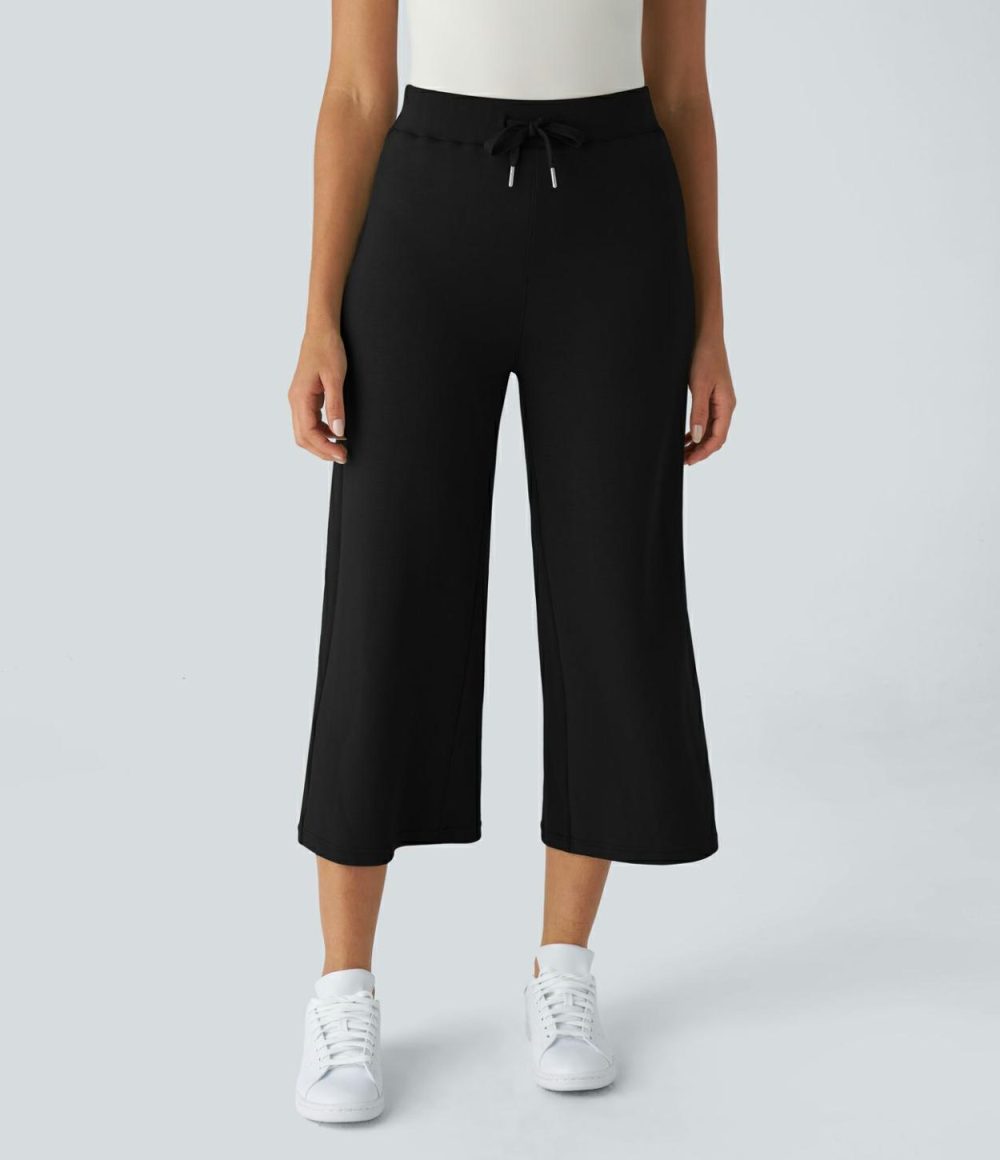 High Waisted Drawstring Capri Work Wide Leg Pants  | Womens  Active Work Pants Active Work Pants Active Work Pants