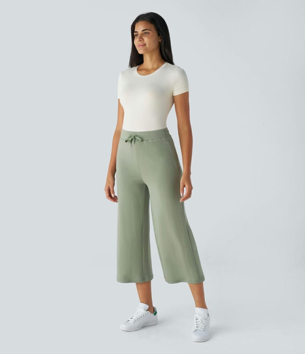 High Waisted Drawstring Capri Work Wide Leg Pants  | Womens  Active Work Pants Active Work Pants Active Work Pants