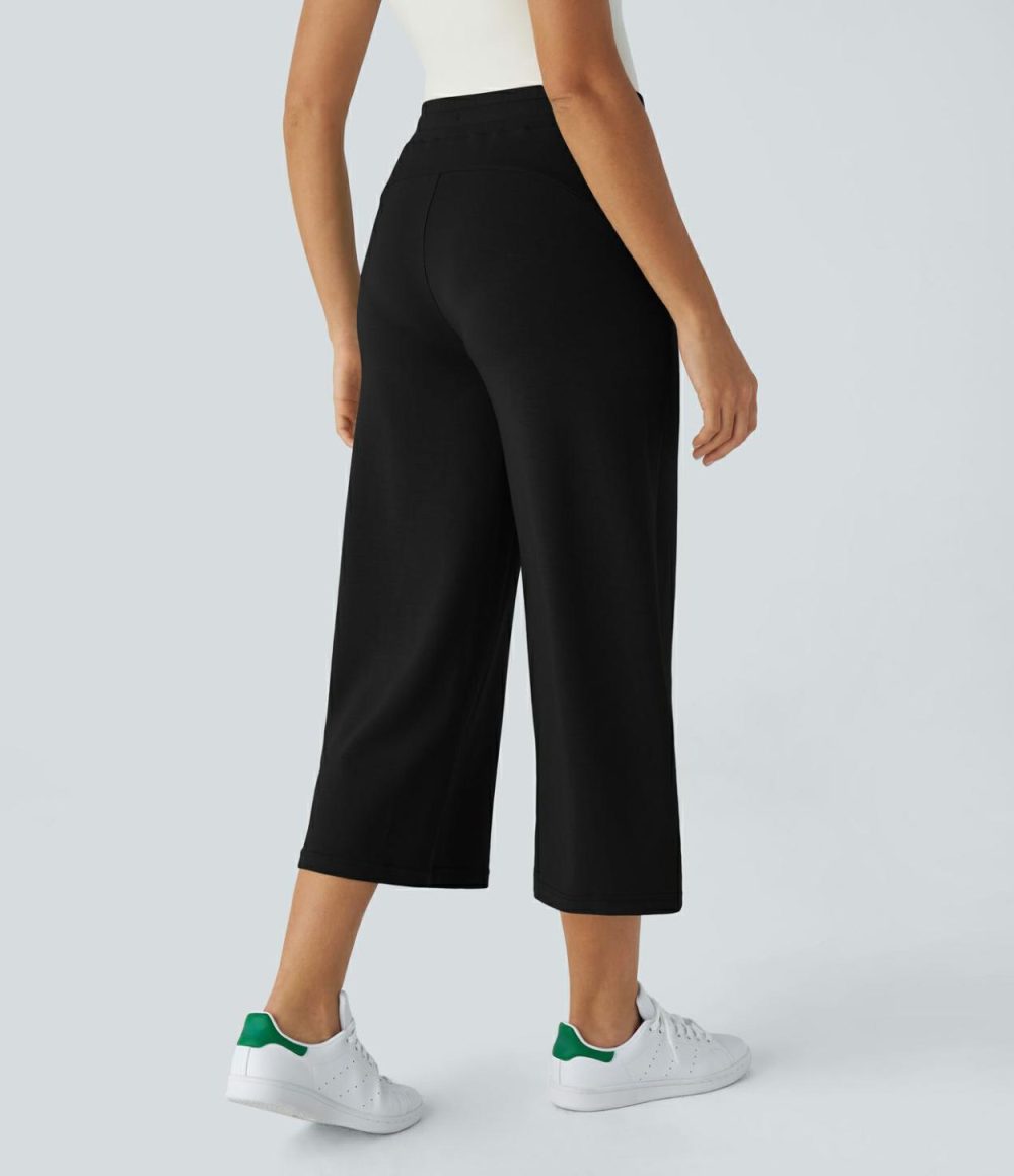 High Waisted Drawstring Capri Work Wide Leg Pants  | Womens  Active Work Pants Active Work Pants Active Work Pants