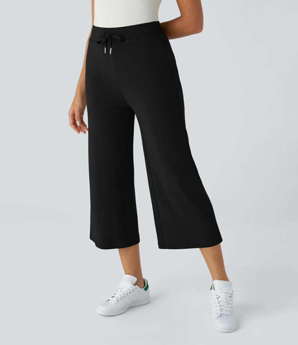 High Waisted Drawstring Capri Work Wide Leg Pants  | Womens  Active Work Pants Active Work Pants Active Work Pants