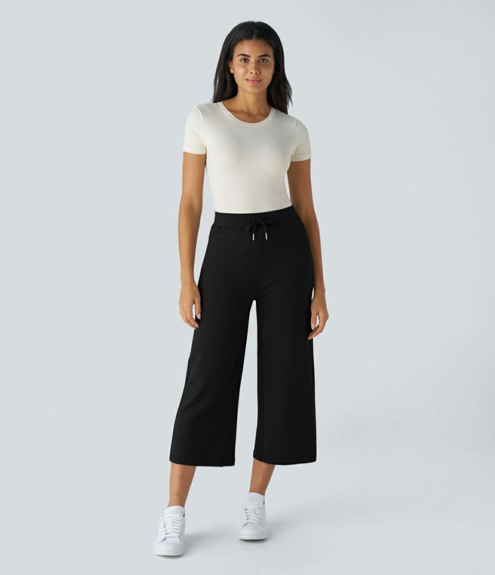 High Waisted Drawstring Capri Work Wide Leg Pants  | Womens  Active Work Pants Active Work Pants Active Work Pants