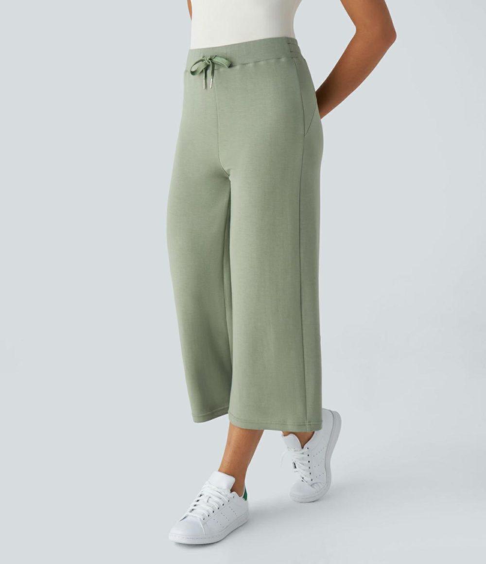 High Waisted Drawstring Capri Work Wide Leg Pants  | Womens  Active Work Pants Active Work Pants Active Work Pants