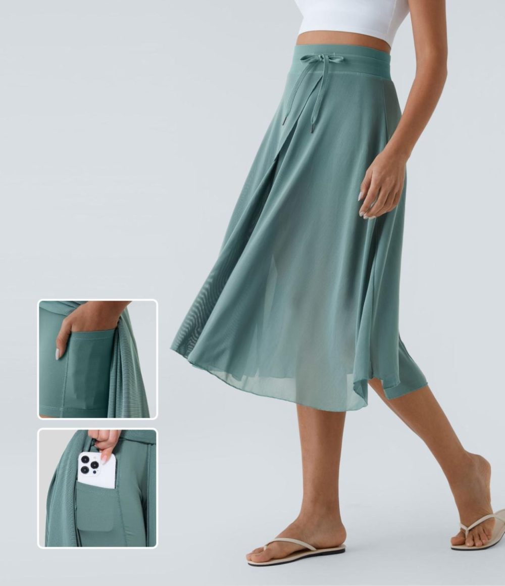 High Waisted Drawstring Contrast Mesh 2-in-1 Side Pocket Flowy Midi Flare Casual Skirt  | Womens  2-in-1 Skorts 2-in-1 Skorts 2-in-1 Skorts