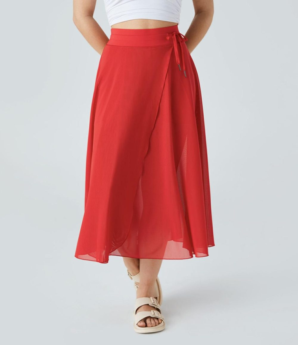 High Waisted Drawstring Contrast Mesh 2-in-1 Side Pocket Flowy Midi Flare Casual Skirt  | Womens  2-in-1 Skorts 2-in-1 Skorts 2-in-1 Skorts