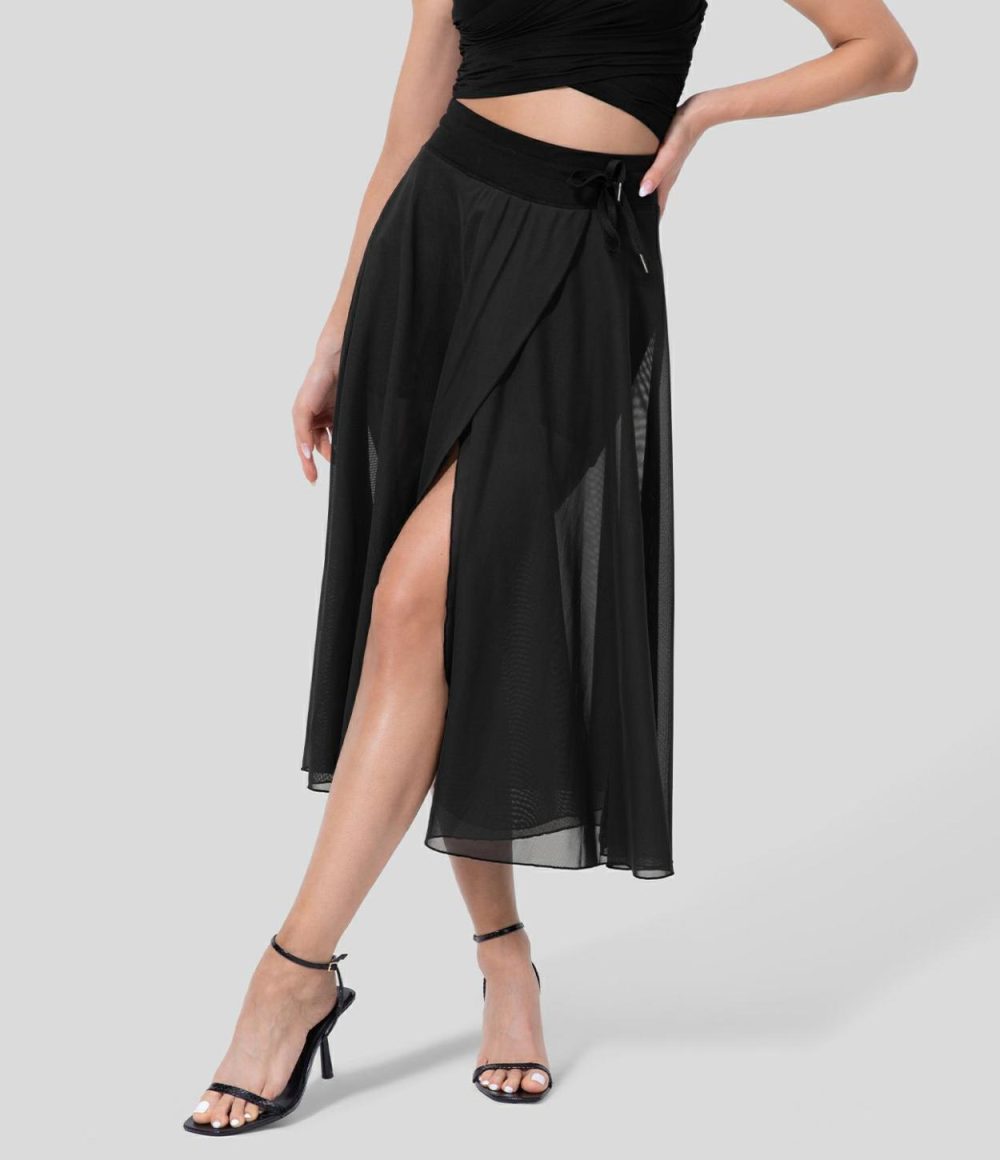 High Waisted Drawstring Contrast Mesh 2-in-1 Side Pocket Flowy Midi Flare Casual Skirt  | Womens  2-in-1 Skorts 2-in-1 Skorts 2-in-1 Skorts