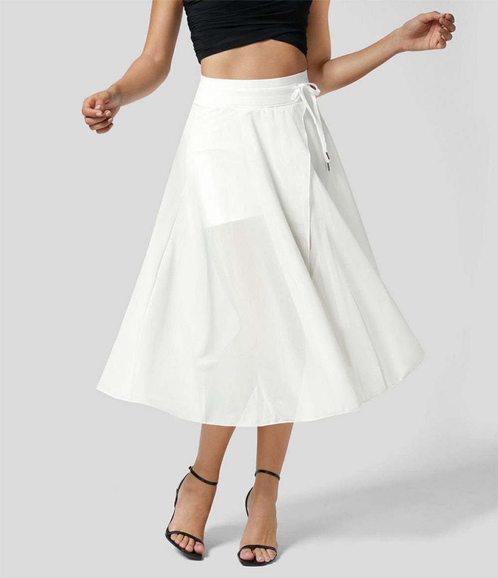 High Waisted Drawstring Contrast Mesh 2-in-1 Side Pocket Flowy Midi Flare Casual Skirt  | Womens  2-in-1 Skorts 2-in-1 Skorts 2-in-1 Skorts