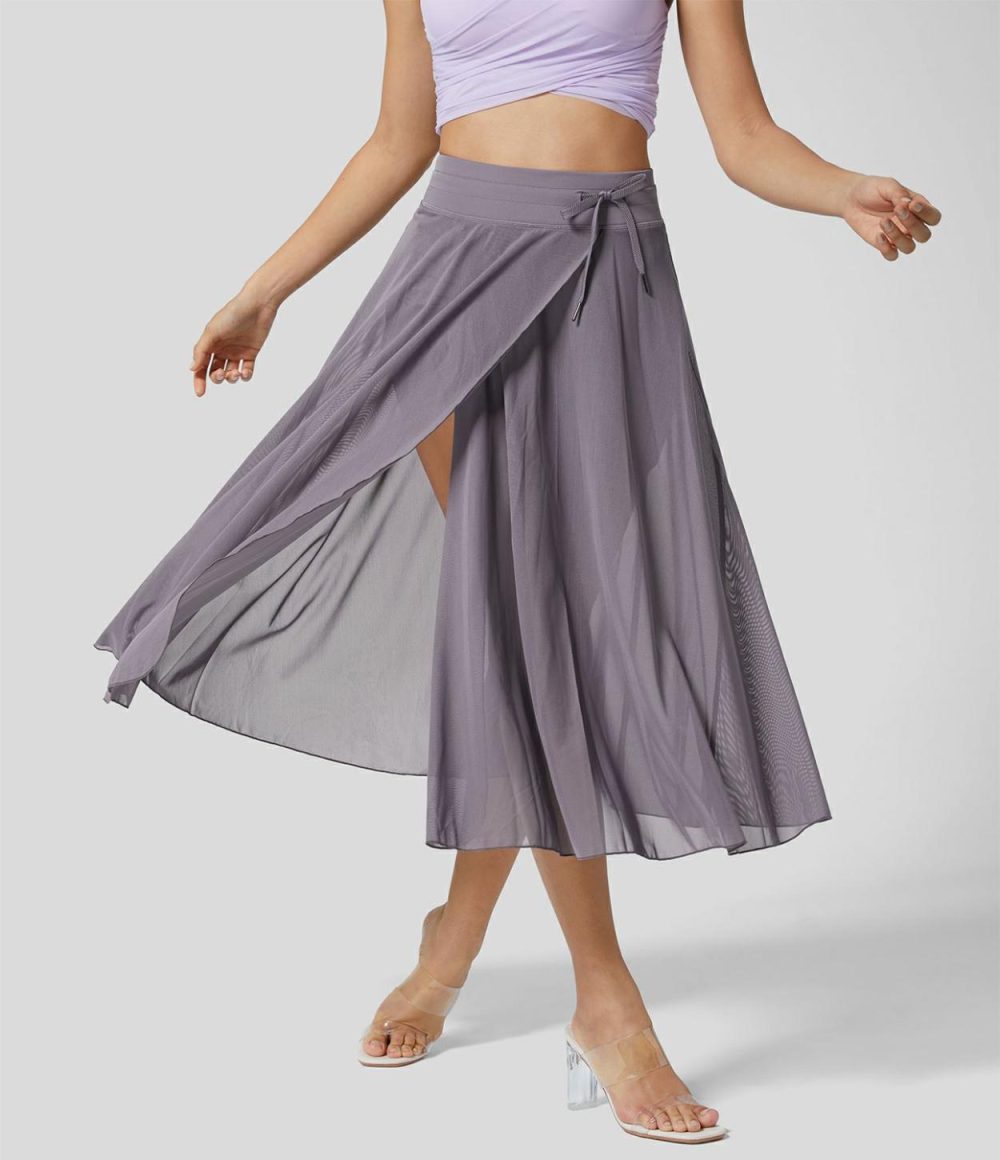 High Waisted Drawstring Contrast Mesh 2-in-1 Side Pocket Flowy Midi Flare Casual Skirt  | Womens  2-in-1 Skorts 2-in-1 Skorts 2-in-1 Skorts