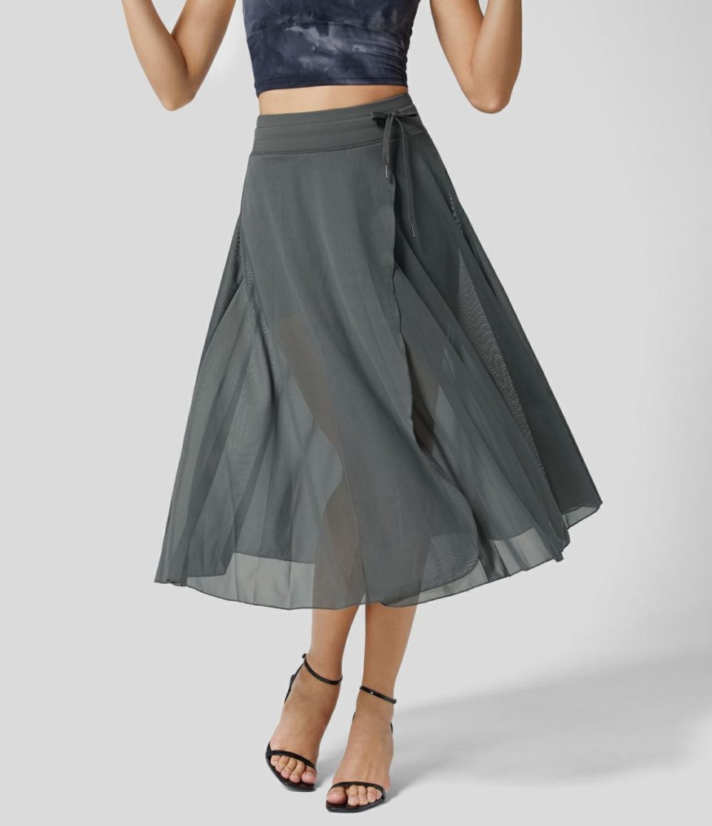 High Waisted Drawstring Contrast Mesh 2-in-1 Side Pocket Flowy Midi Flare Casual Skirt  | Womens  2-in-1 Skorts 2-in-1 Skorts 2-in-1 Skorts