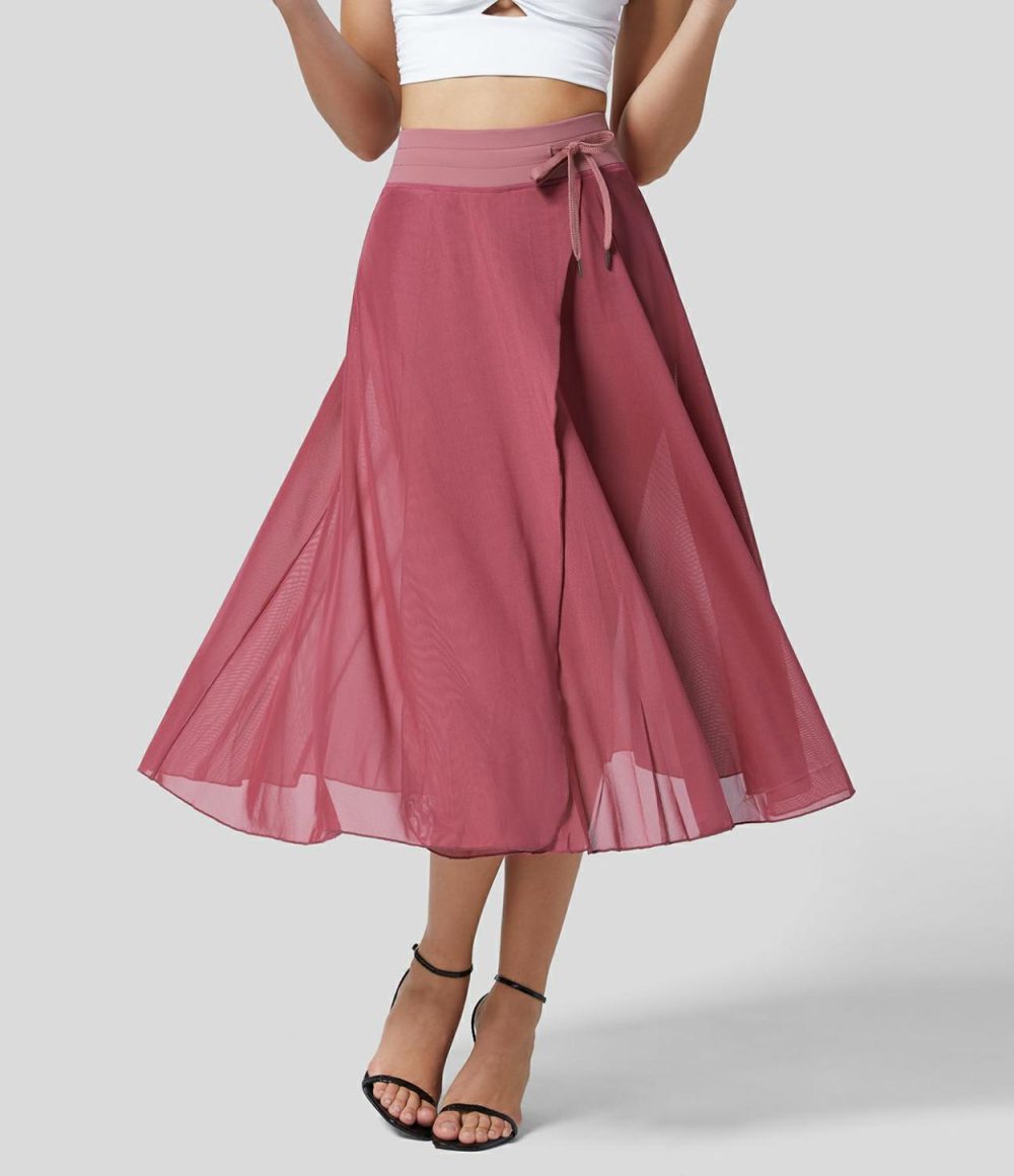 High Waisted Drawstring Contrast Mesh 2-in-1 Side Pocket Flowy Midi Flare Casual Skirt  | Womens  2-in-1 Skorts 2-in-1 Skorts 2-in-1 Skorts