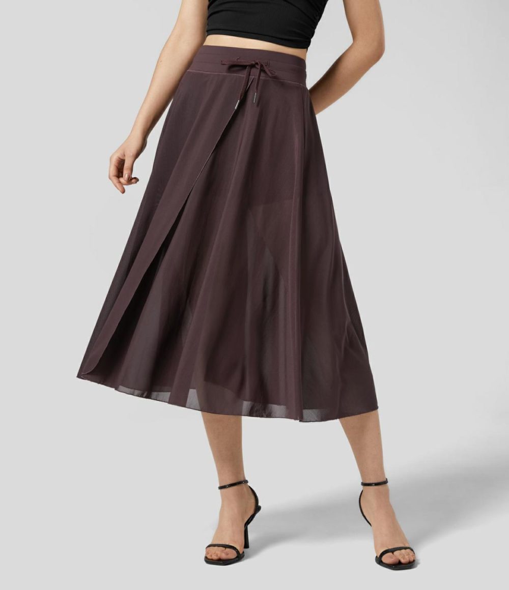 High Waisted Drawstring Contrast Mesh 2-in-1 Side Pocket Flowy Midi Flare Casual Skirt  | Womens  2-in-1 Skorts 2-in-1 Skorts 2-in-1 Skorts