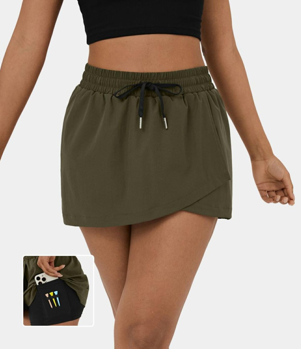 High Waisted Drawstring Crossover Hem 2-in-1 Side Pocket A Line Mini Golf Skirt-Golf Tee Pocket  | Womens  Mini Skirts Clothing Mini Skirts