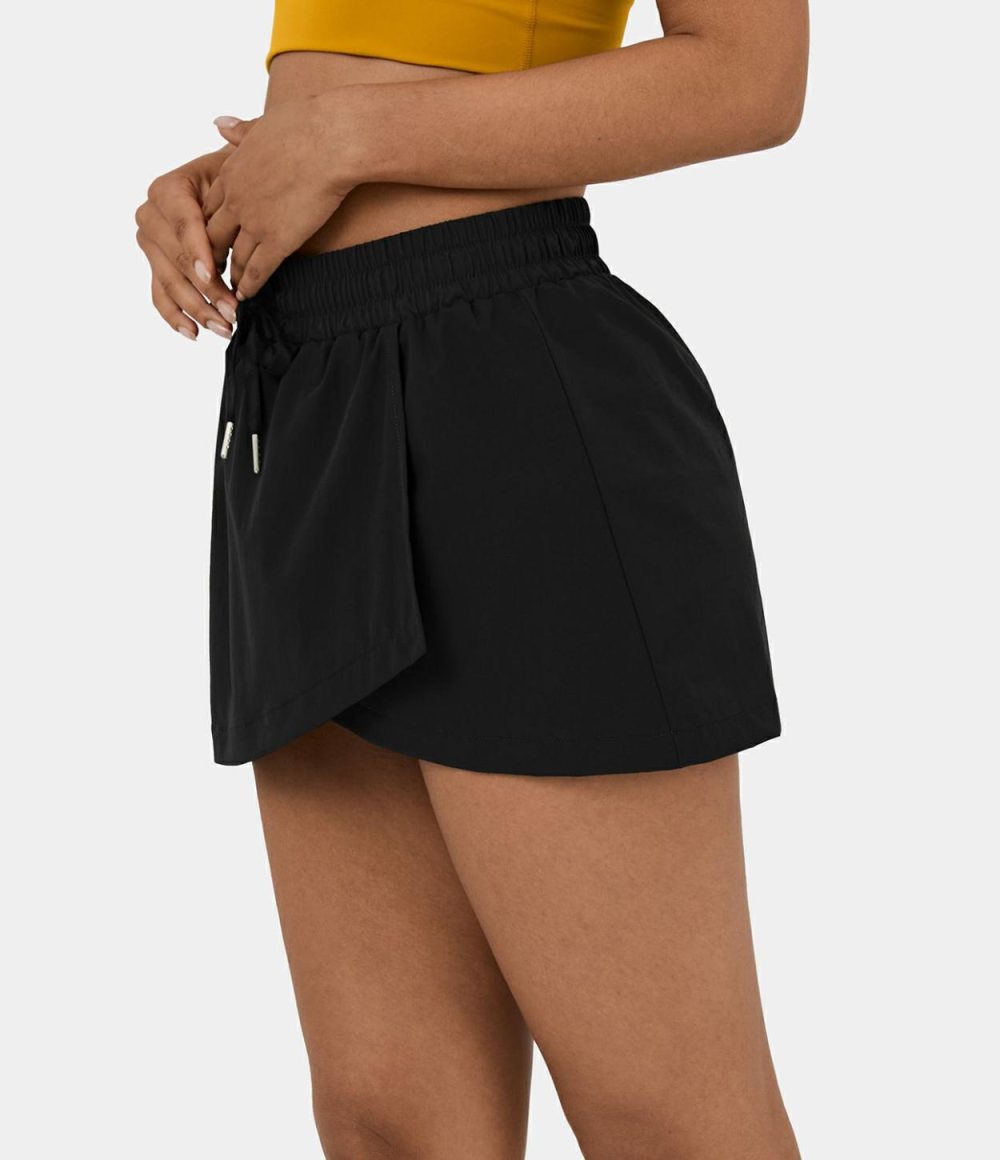 High Waisted Drawstring Crossover Hem 2-in-1 Side Pocket A Line Mini Golf Skirt-Golf Tee Pocket  | Womens  Mini Skirts Clothing Mini Skirts