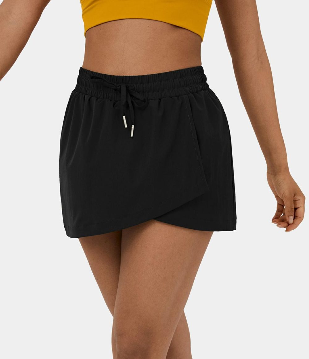 High Waisted Drawstring Crossover Hem 2-in-1 Side Pocket A Line Mini Golf Skirt-Golf Tee Pocket  | Womens  Mini Skirts Clothing Mini Skirts