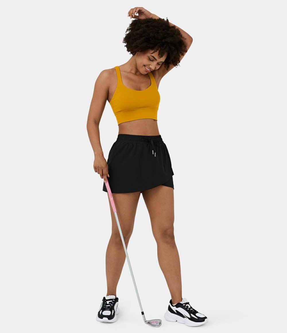 High Waisted Drawstring Crossover Hem 2-in-1 Side Pocket A Line Mini Golf Skirt-Golf Tee Pocket  | Womens  Mini Skirts Clothing Mini Skirts