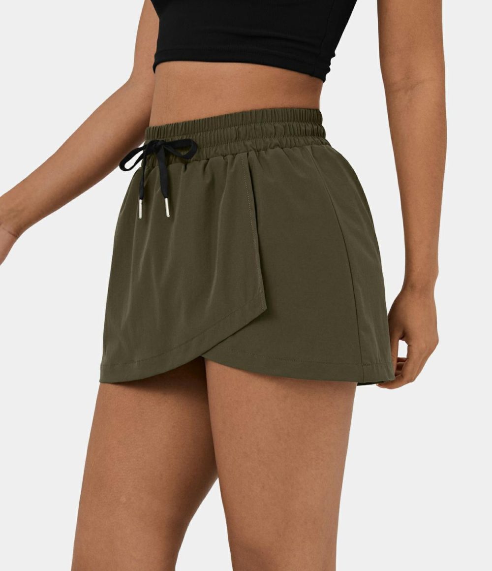 High Waisted Drawstring Crossover Hem 2-in-1 Side Pocket A Line Mini Golf Skirt-Golf Tee Pocket  | Womens  Mini Skirts Clothing Mini Skirts