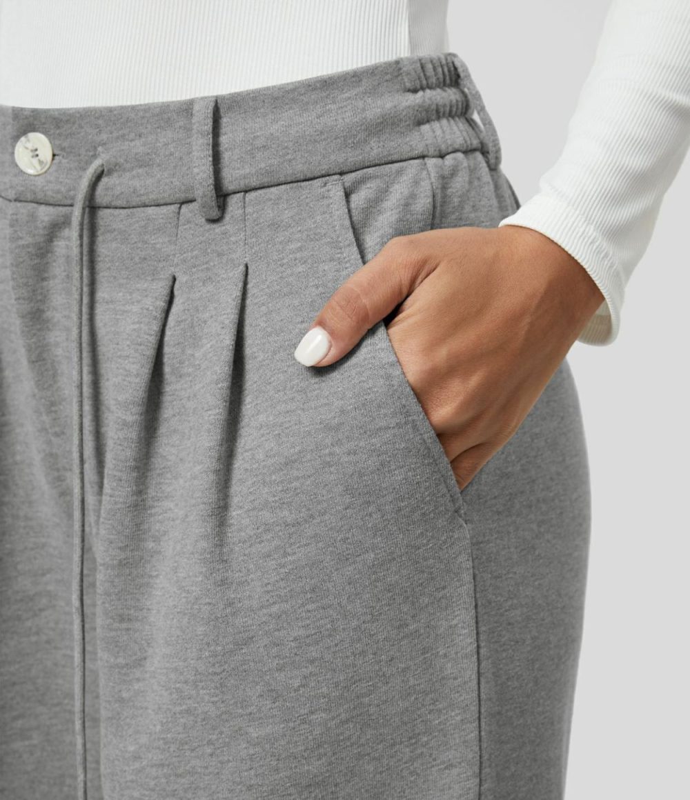 High Waisted Drawstring Plicated Button Zipper Side Pocket Straight Leg Work Cotton Sweatpants  | Womens  Active Work Pants Active Work Pants Active Work Pants