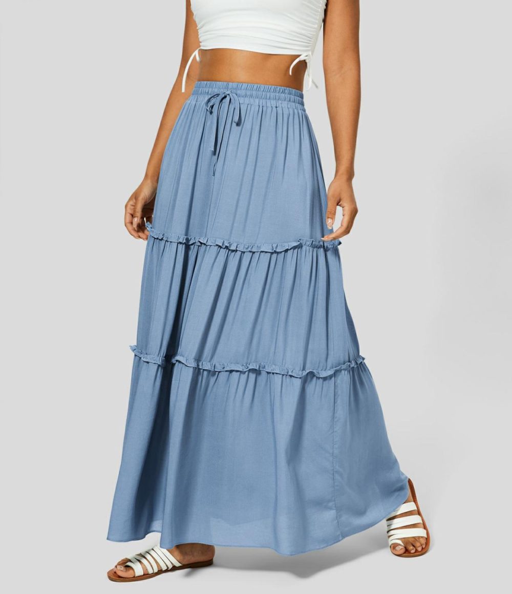 High Waisted Elastic Waistband Drawstring Frill Flowy Maxi Casual Skirt  | Womens  Everyday Skirts Clothing Everyday Skirts