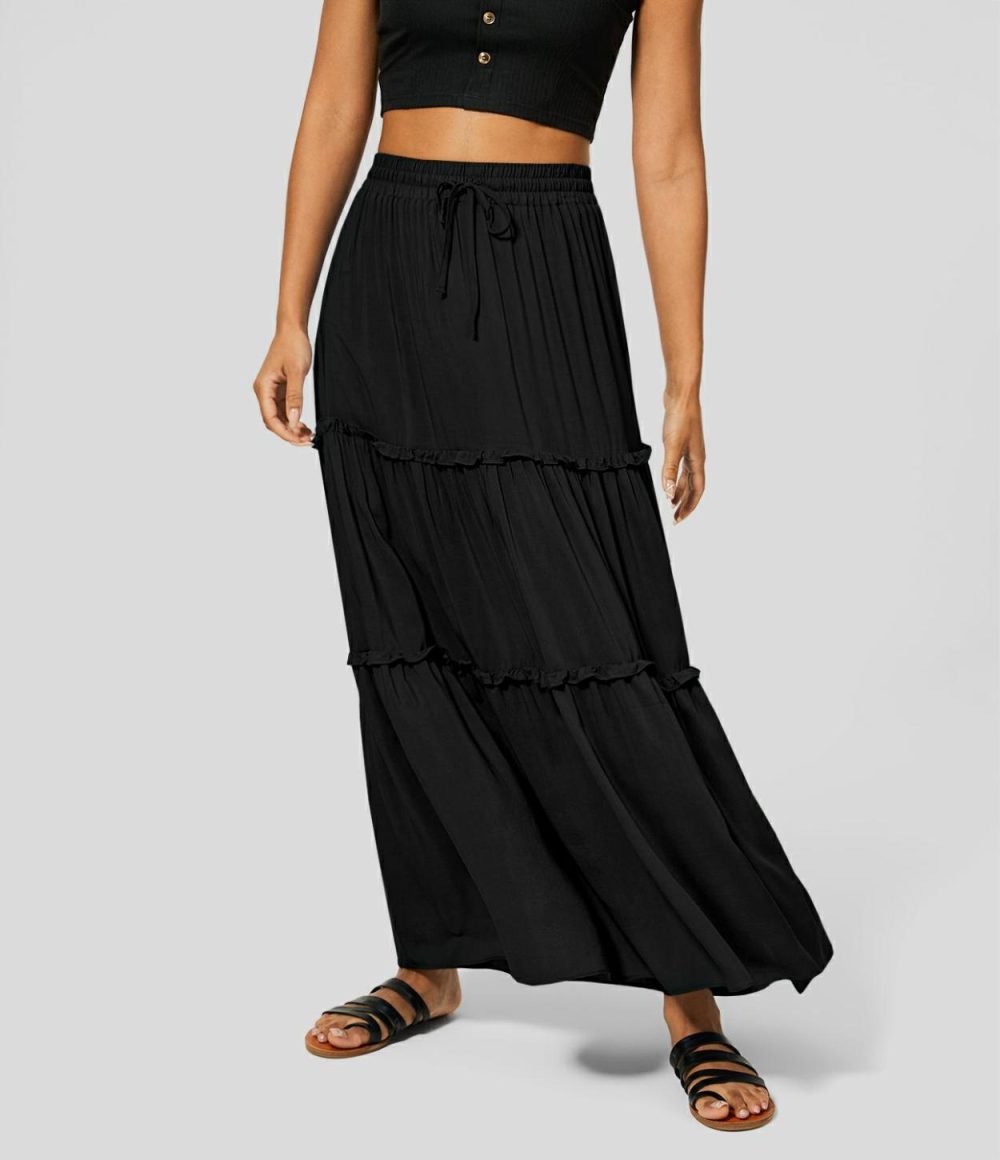 High Waisted Elastic Waistband Drawstring Frill Flowy Maxi Casual Skirt  | Womens  Everyday Skirts Clothing Everyday Skirts