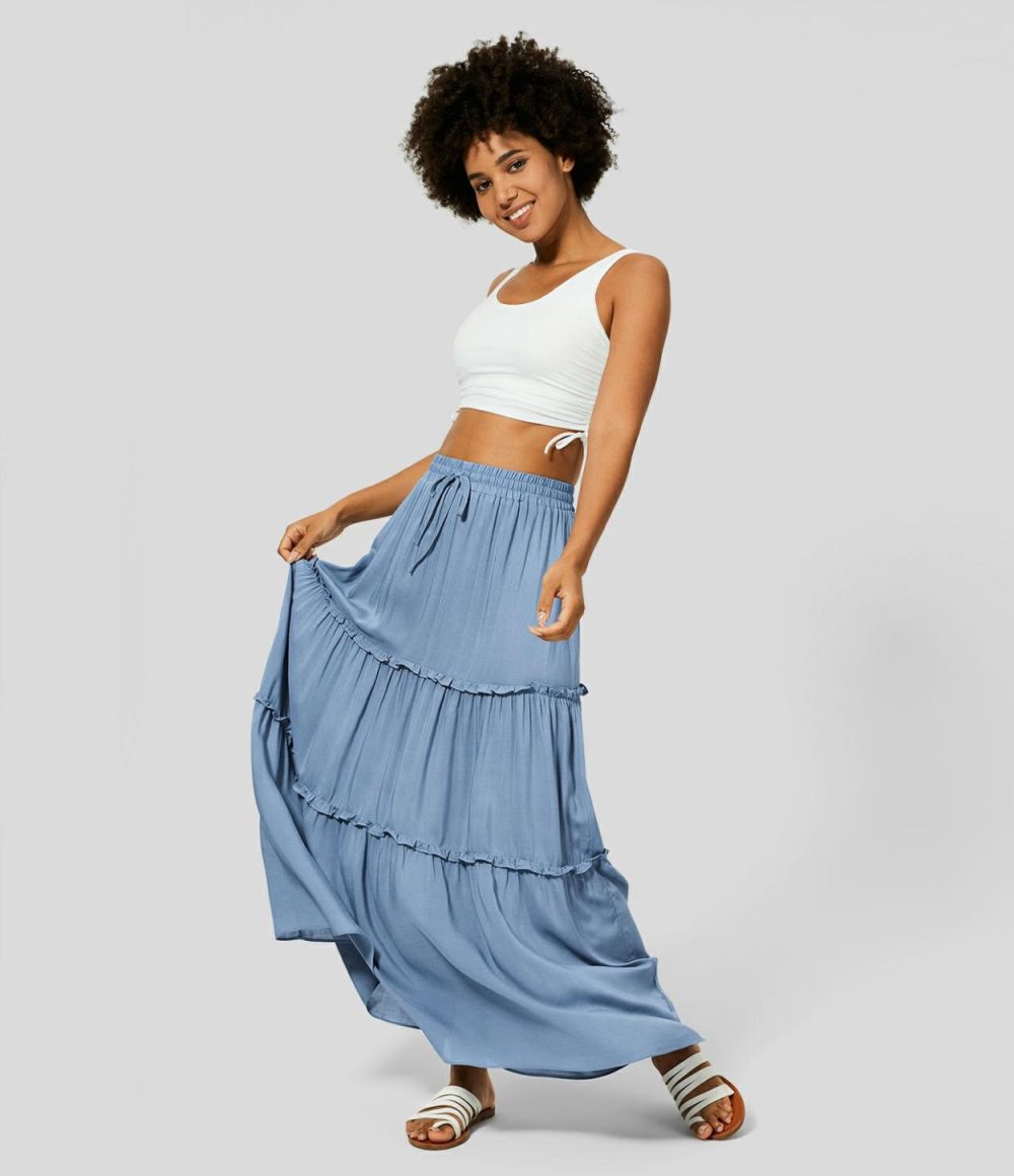 High Waisted Elastic Waistband Drawstring Frill Flowy Maxi Casual Skirt  | Womens  Everyday Skirts Clothing Everyday Skirts