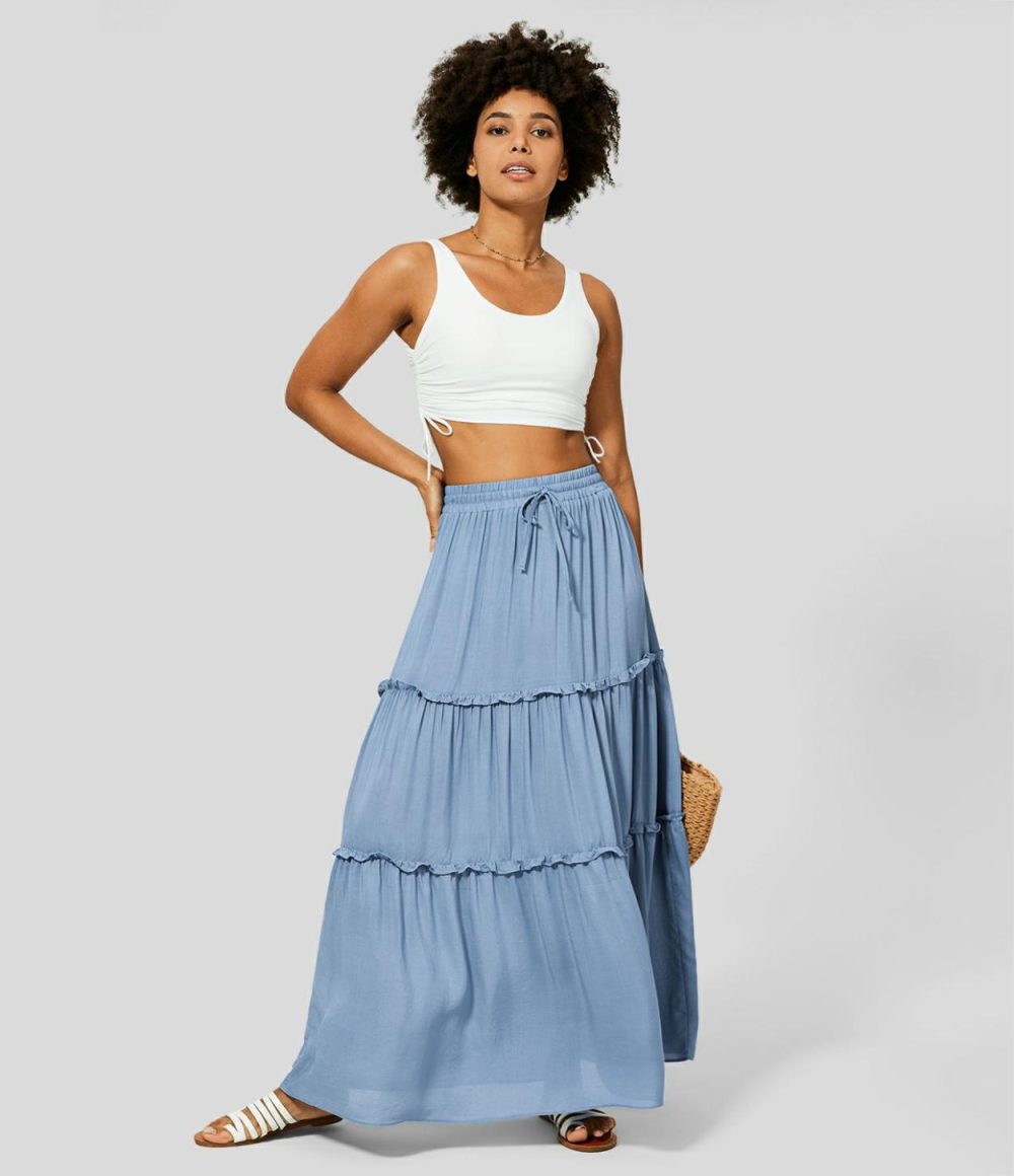 High Waisted Elastic Waistband Drawstring Frill Flowy Maxi Casual Skirt  | Womens  Everyday Skirts Clothing Everyday Skirts