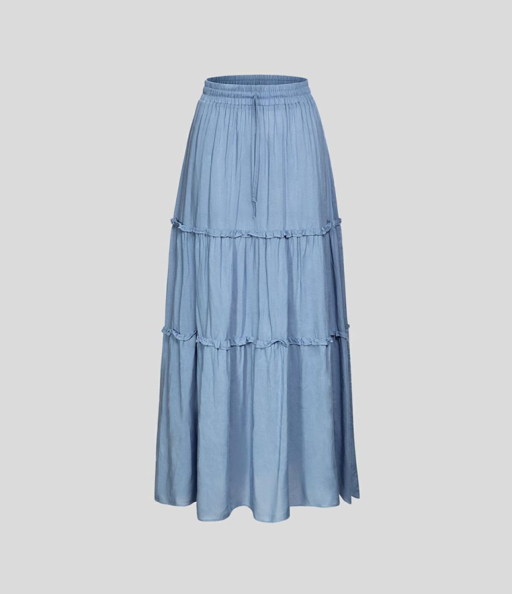 High Waisted Elastic Waistband Drawstring Frill Flowy Maxi Casual Skirt  | Womens  Everyday Skirts Clothing Everyday Skirts