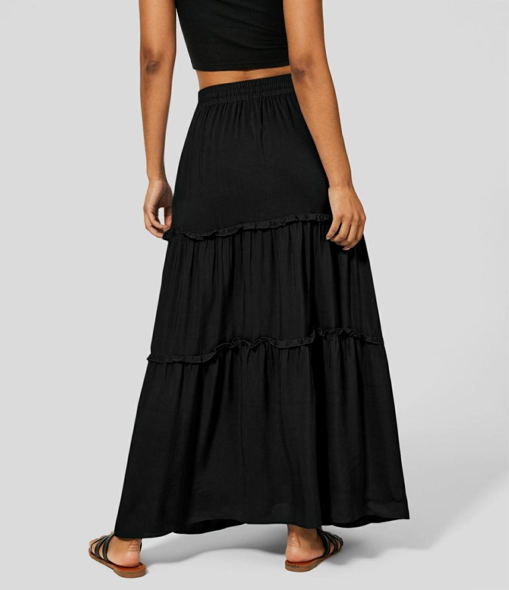 High Waisted Elastic Waistband Drawstring Frill Flowy Maxi Casual Skirt  | Womens  Everyday Skirts Clothing Everyday Skirts