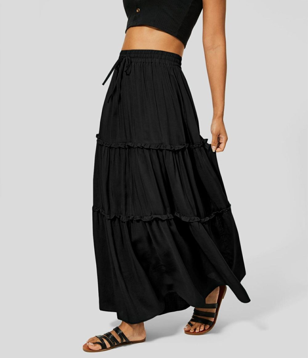 High Waisted Elastic Waistband Drawstring Frill Flowy Maxi Casual Skirt  | Womens  Everyday Skirts Clothing Everyday Skirts