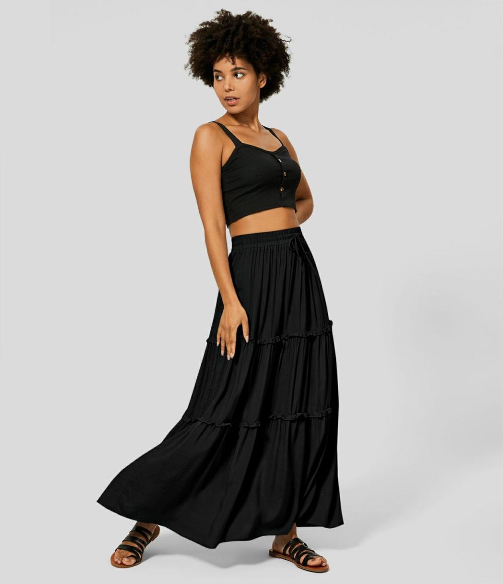 High Waisted Elastic Waistband Drawstring Frill Flowy Maxi Casual Skirt  | Womens  Everyday Skirts Clothing Everyday Skirts