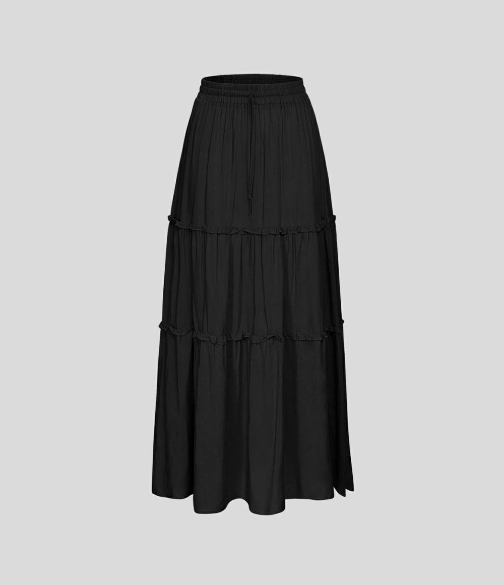 High Waisted Elastic Waistband Drawstring Frill Flowy Maxi Casual Skirt  | Womens  Everyday Skirts Clothing Everyday Skirts