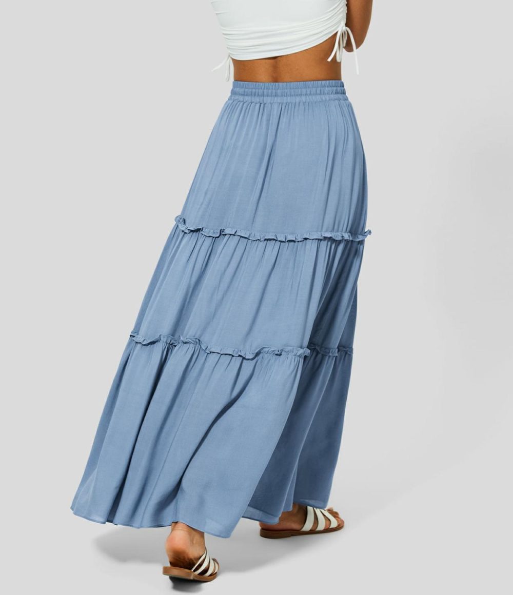 High Waisted Elastic Waistband Drawstring Frill Flowy Maxi Casual Skirt  | Womens  Everyday Skirts Clothing Everyday Skirts